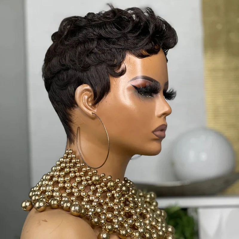 Black Curly Pixie Short Cut  150% Density