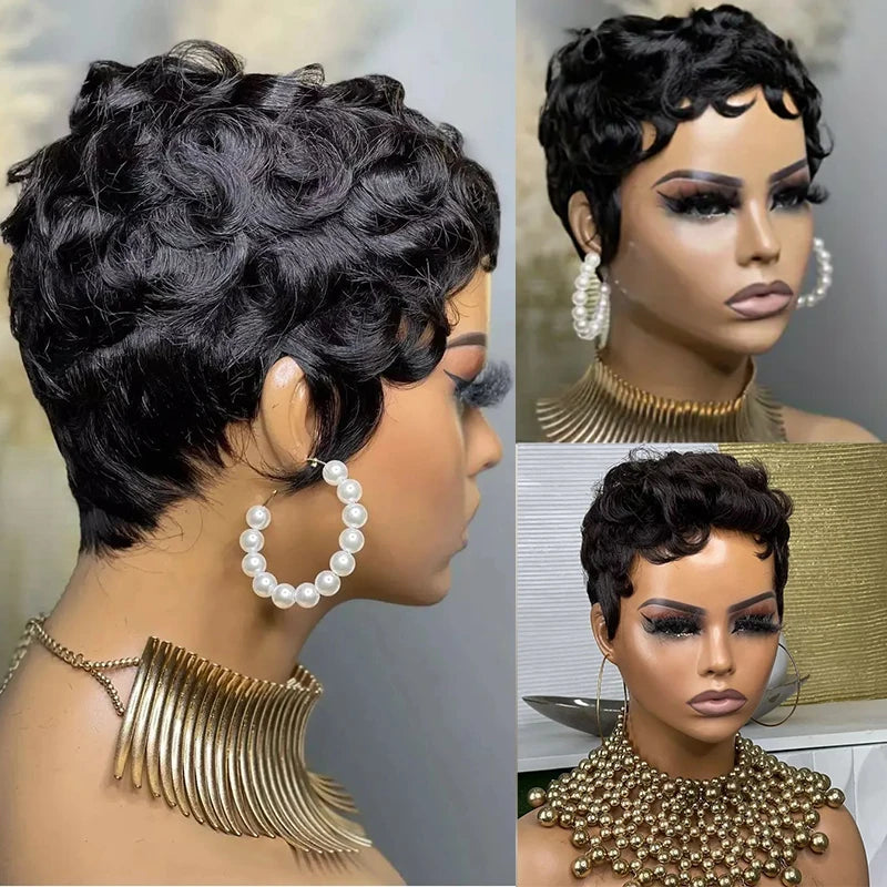 Black Curly Pixie Short Cut  150% Density