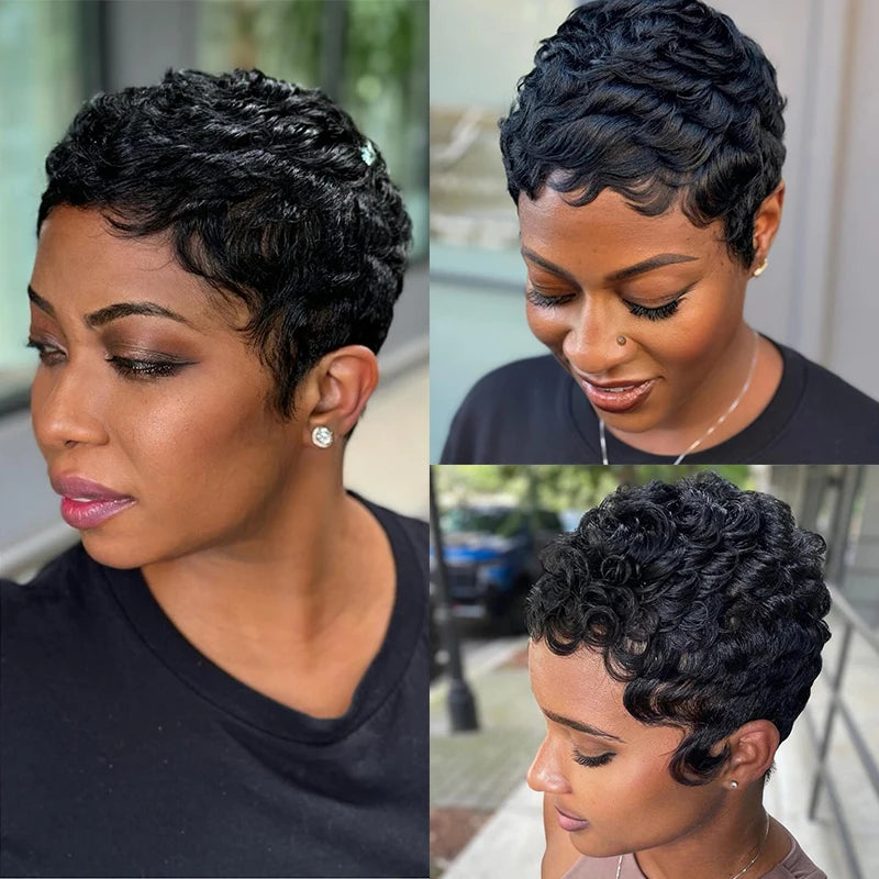 Black Curly Pixie Short Cut  150% Density