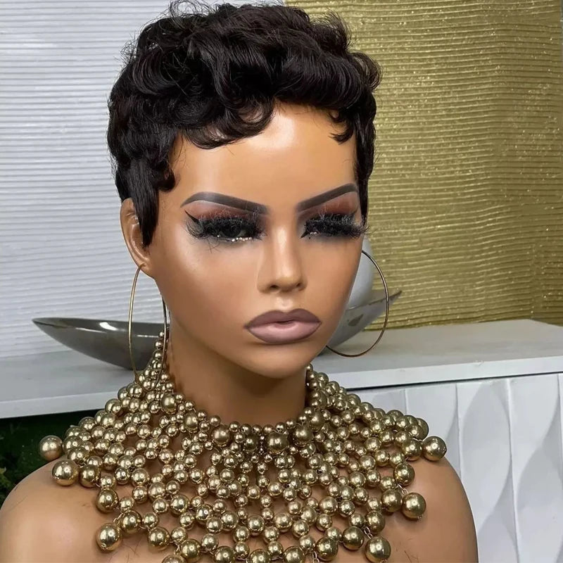 Black Curly Pixie Short Cut  150% Density