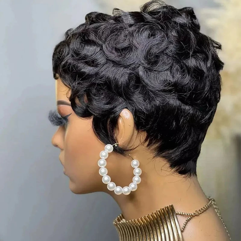 Black Curly Pixie Short Cut  150% Density